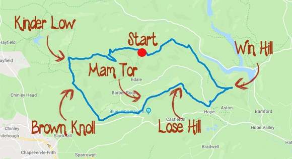 Map with trig points of Edale Skyline